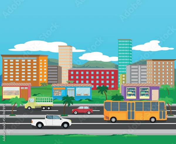 Fototapeta traffic flowing in the city and green landscape in the back