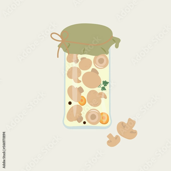 Fototapeta Pickled champignons in glass jar with carrot and parsley. Cartoon vector illustration.