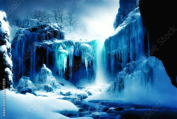 Fototapeta Frozen waterfall background, winter ladscape, river, snow, ice. Generative AI