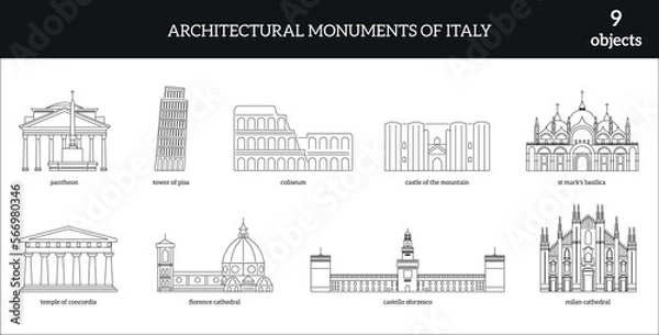 Fototapeta Architectural monuments of Italy. 9 objects. Icons outline icon set includes thin line. icons for report, presentation, diagram, web design
