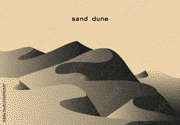 Fototapeta Vector landscape of dune in dotwork style. Stipple illustration design. Old retro dot texture vintage gradient. Pointillism graphic. Grain terrain wallpaper.