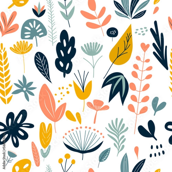 Fototapeta background with leaves and flowers seamless in flat style, gentle colors