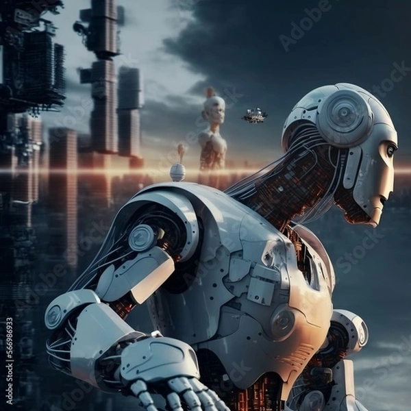 Fototapeta Android, cyborg, robot fighting or protecting an area.