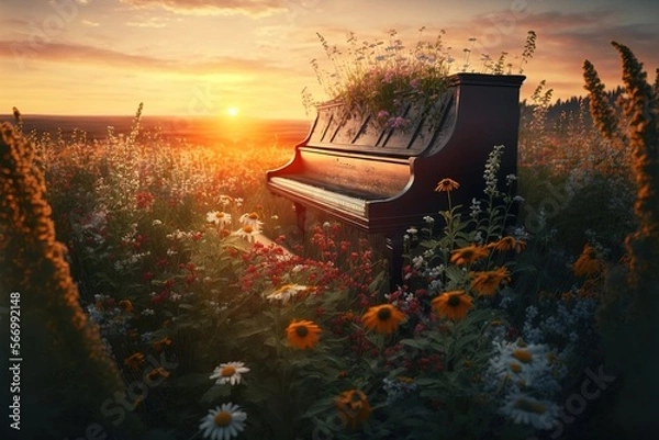 Fototapeta  piano in nature at sunset. Flower. Generative AI