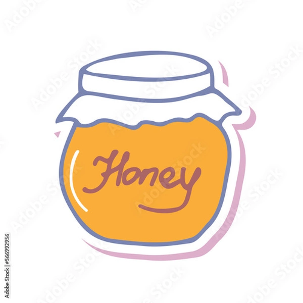 Obraz Hand drawing honey jar sticker. Simple logo, minimal subject picture. For greeting cards,children coloring book,seasonal design. Stock Doodle vector illustration isolated on white background