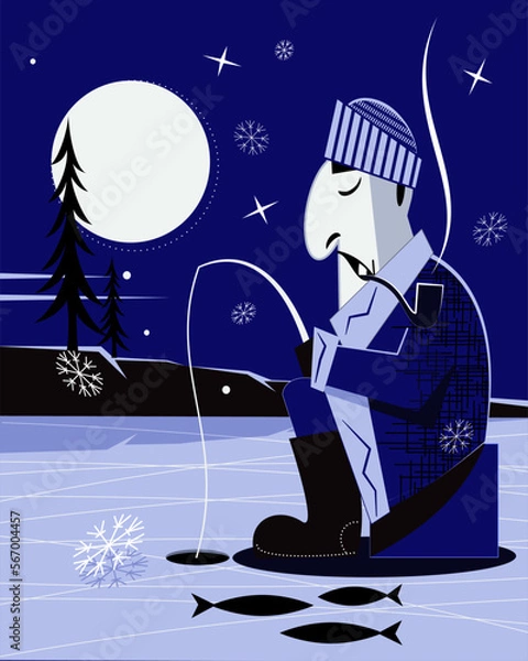 Obraz  A fisherman catches fish at night.Vector illustration.