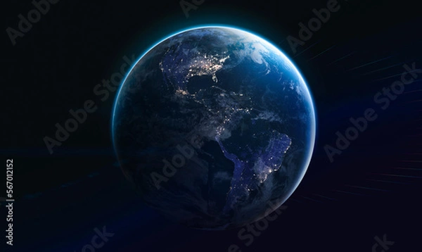 Fototapeta Blue planet Earth at night. Earth in deep black space. America continent. Elements of this image furnished by NASA