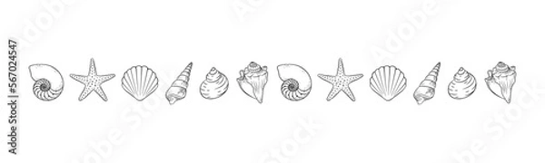 Fototapeta Seashells border divider outline. Sea and ocean design template. Vector illustration summer or beach party, advertising design