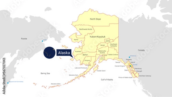 Fototapeta Map of state of Alaska with all counties and flag. Detailed. Vector. Isolated polygons