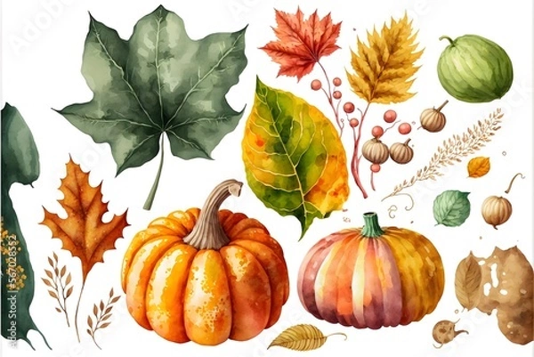 Fototapeta Set of colorful autumn leaves and pumpkins. watercolor generative ai created art and collection