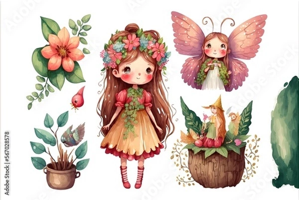 Fototapeta Set of colorful cute garden fairy. Beautiful fairy elements. generative  ai draw fairy, costume, mystery, happy, painted
