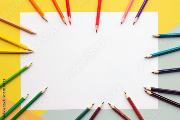 Fototapeta top view of empty white sheet of paper with colored pencils on kid's desk. background for coloring or children's drawing