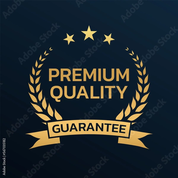 Fototapeta Premium quality icon or logo design with laurel wreath, stars and guarantee ribbon. Gold business label. Vector illustration.