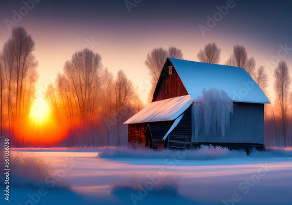 Obraz Old barn on the farm in the winter scenery at sunrise.  Generative Al Illustration.