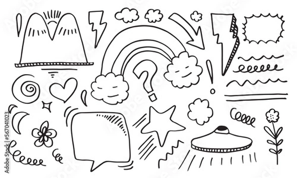 Fototapeta Hand drawn doodle design elements.thunderbolt, cloud, Arrow, heart, line, hill. doodle sketch design elements.