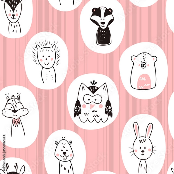 Fototapeta Seamless pattern with cute animals in Scandinavian style. Vector funny illustration for children.