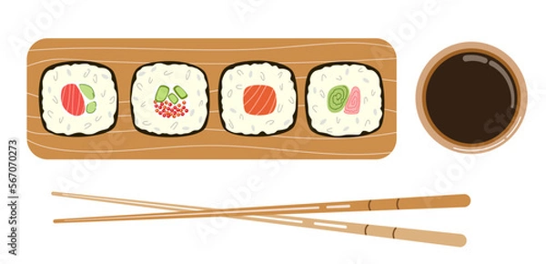 Fototapeta Sushi maki, soy sauce and chopsticks.
