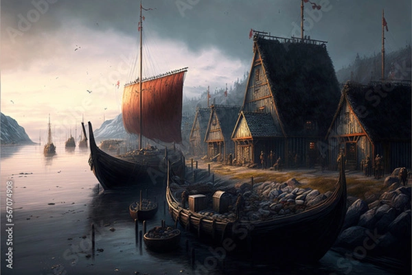 Fototapeta viking ship in the harbor, Created with generative AI tools