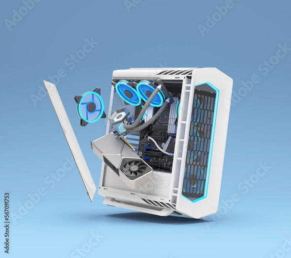 Fototapeta Computer Gaming PC with neon light Futuristic modern workplace 3d render on blue