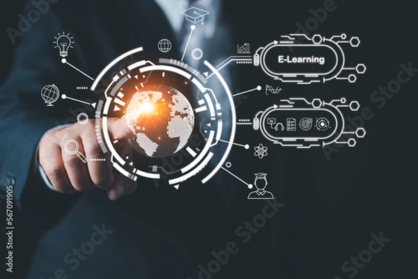 Fototapeta Businessman pressing touch screen interface and select E-learning, E-learning Education Internet Technology Webinar Online Courses concept.