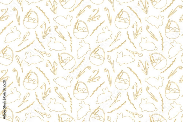 Fototapeta seamless Easter golden pattern with daffodils, snowdrops, tulips, willow catkins branches, bunnies and baskets with eggs- vector illustration
