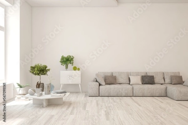 Obraz White living room with sofa. Scandinavian interior design. 3D illustration