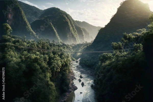 Fototapeta A rope bridge over a river gorge in the jungle. Made with Generative AI.	
