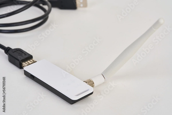 Obraz USB network adapter with USB extension cable isolated on white 