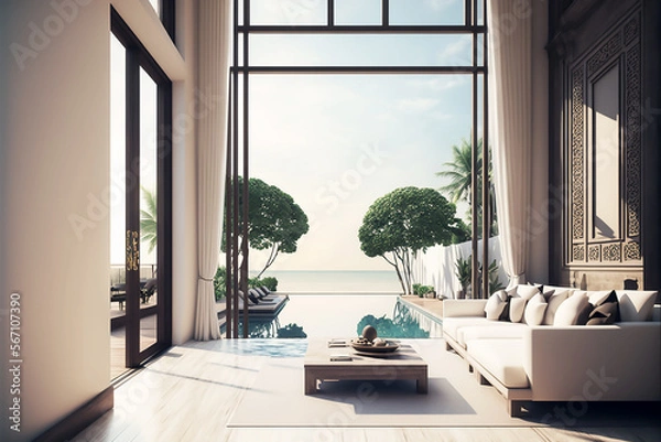 Obraz 3D interior balcony sea view modern style high window