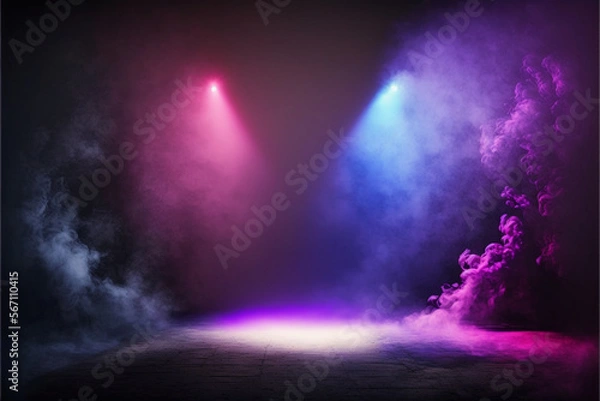 Fototapeta The dark stage shows, empty dark blue, purple, pink background, neon light, spotlights, The asphalt floor and studio room with smoke float up the interior texture for display products