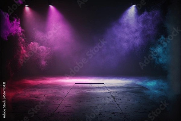 Fototapeta The dark stage shows, empty dark blue, purple, pink background, neon light, spotlights, The asphalt floor and studio room with smoke float up the interior texture for display products