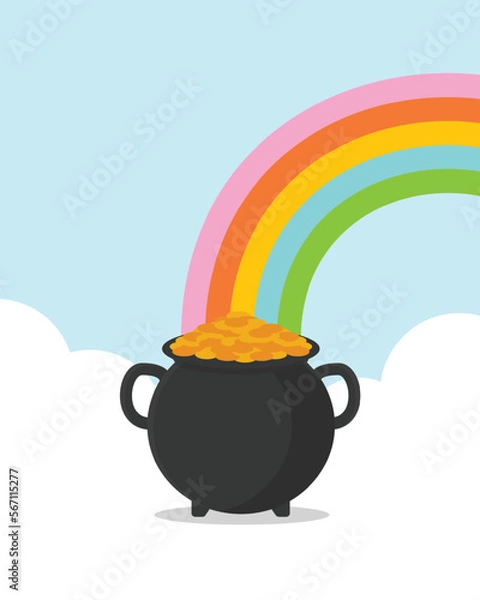 Fototapeta Pot full of gold at the end of a rainbow concept. St Patrick's day background. Flat design vector illustration. 