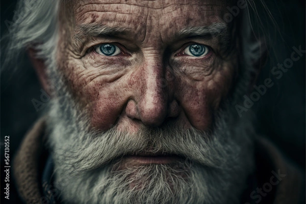 Obraz Old man with wrinkles and white beard looking into the camera, Generative AI