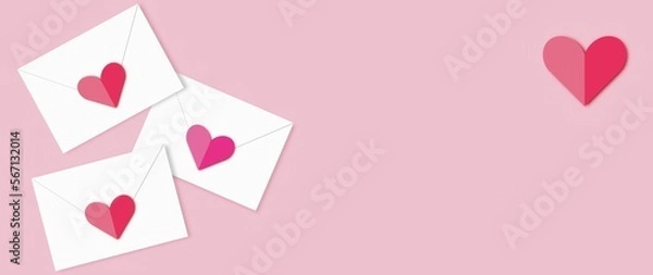Fototapeta Banner walentynkowy, nagłówek do walentynkowych ogłoszeń, mail dla zakochanych, powiadomienie o miłości, list w kopercie z serduszkiem, walentynkowa grafika