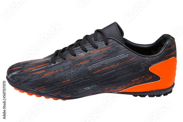 Obraz Football shoes with soft spikes, black with orange inserts, on a white background, isolate