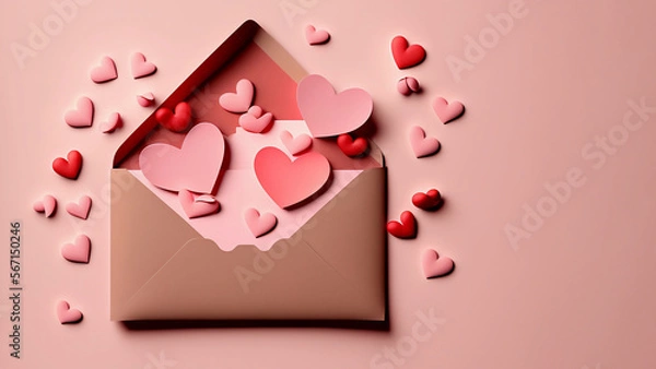Fototapeta pink valentine card with hearts on a pink background with copy space. generative AI