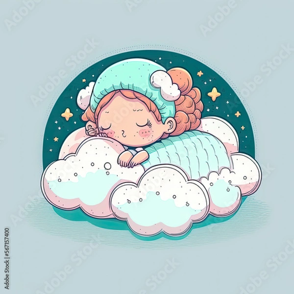 Fototapeta Baby sleeping and dreaming on fluffy cloud on blue background. Color illustration. Generative AI