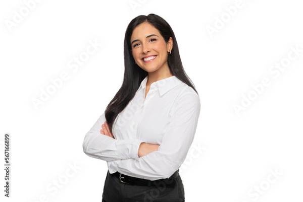 Obraz Beautiful brunette business woman entrepreneur with big natural smile, bright and cheerful with arms folded, isolated white background