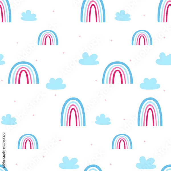 Fototapeta Pink unicorn with rainbow, cute unicorn on white background, unicorn and rainbow pattern, children's print with rainbows