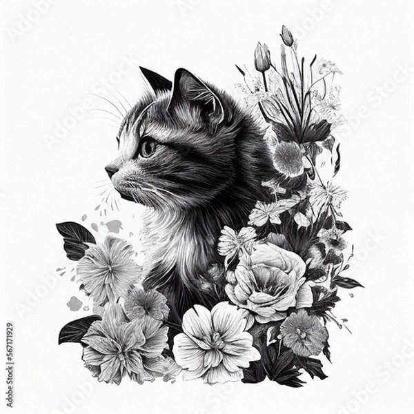Fototapeta cat and flowers. generative ai