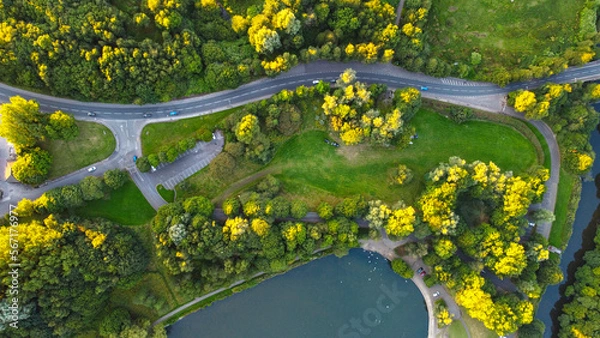 Obraz lake and forest view. Trees and blue lake in perfect landscape with drone