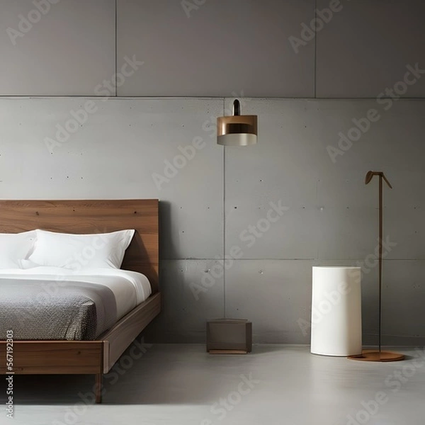 Fototapeta Minimalist bedroom with a gray platform bed and a white nightstand3, Generative AI