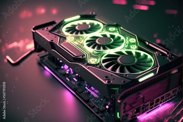 Obraz Abstract Electronic Mounting a modern gaming graphic card computer. High-performance graphics card with Technology cyberpunk coolers, motherboard background, Generative ai
