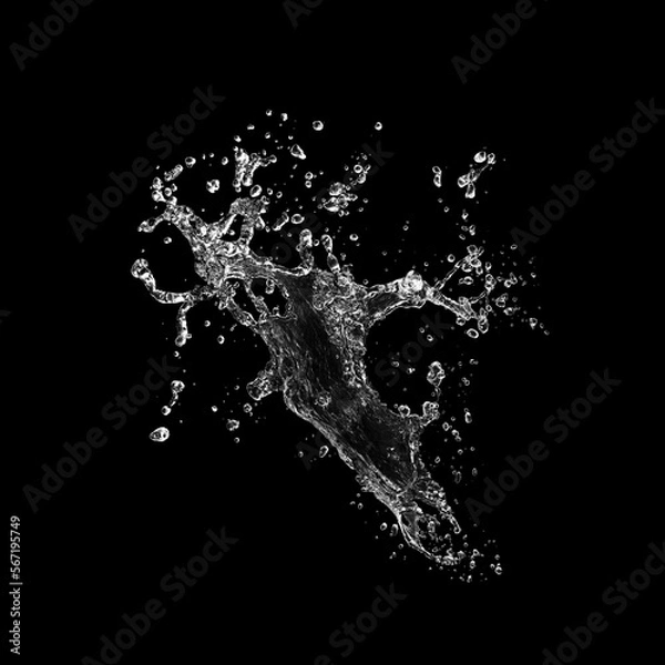 Fototapeta Pure Water splash isolated on black background. Royalty high-quality free stock photo image of overlays realistic Clear water splash, Hydro explosion, aqua dynamic motion element spray droplets