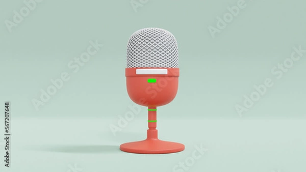 Fototapeta 3D illustration of cute desktop red microphone and glow green light button, indicating switch on isolated on green background with clipping path.
