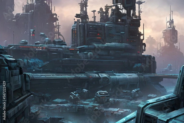 Obraz Sci-Fi future city, landscape, robots, ships.