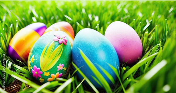 Fototapeta Painted Easter Eggs in Grass generative AI