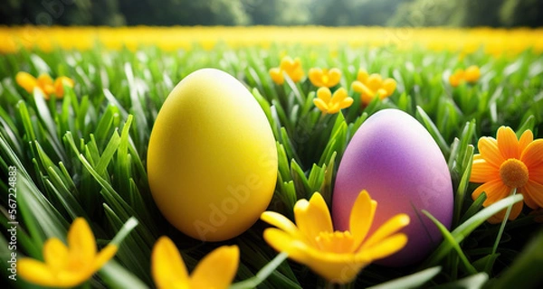 Obraz Easter Eggs with Spring Flowers and Grass generative AI