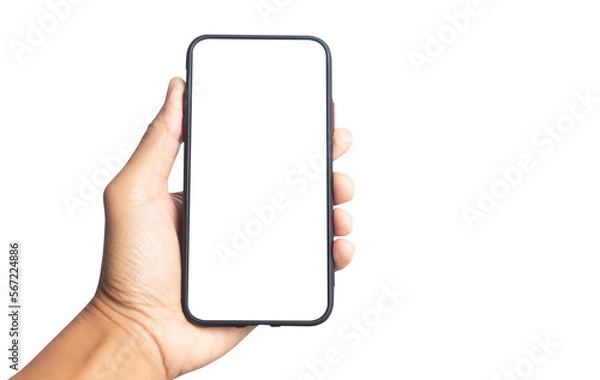 Fototapeta Hand holding black smartphone with white screen mockup and isolated on transparent background  , PNG file smartphone frameless application design concept.
