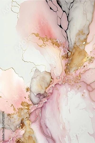 Fototapeta alcohol ink painting, blush, white abstract, pastel tones with golden cracks, AI assisted finalized in Photoshop by me